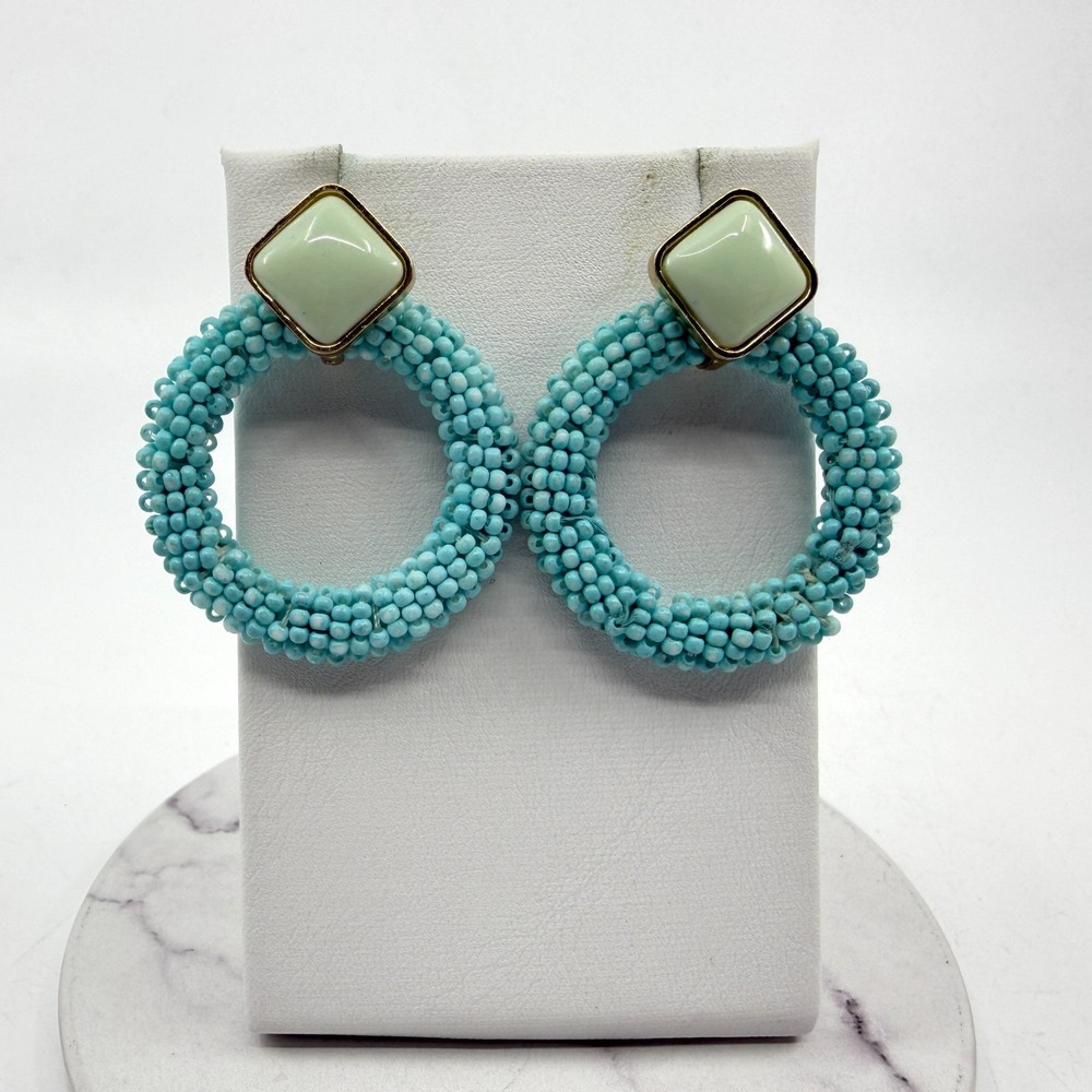 Boho Beaded Hoop Earrings Light Blue Seed Beads Square Stud Statement Trendy